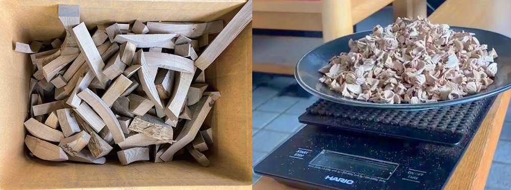 端材の状態から削り出して燻製チップへ