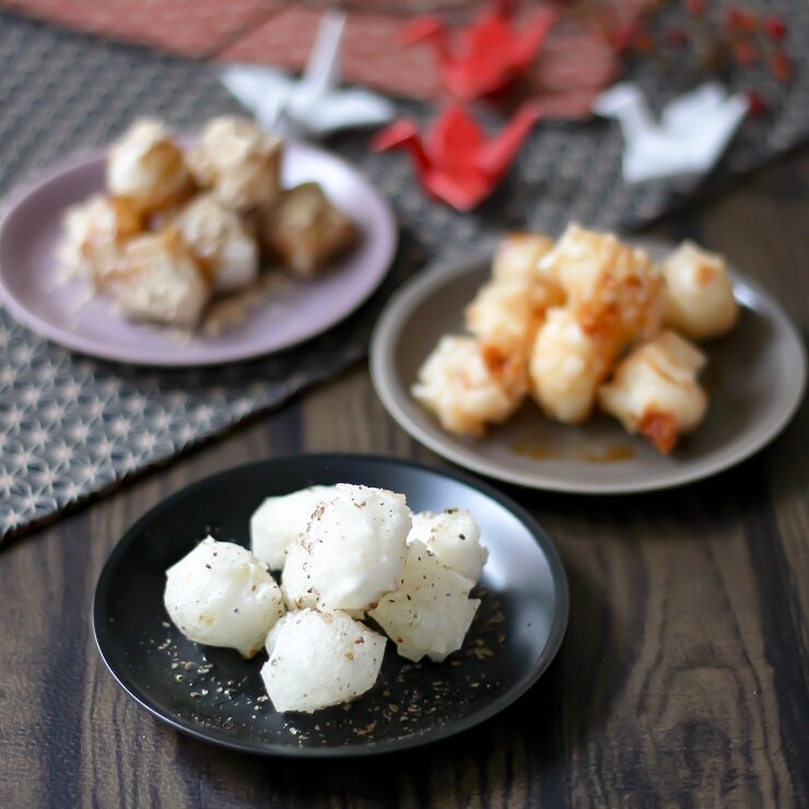 レンジで簡単!揚げないサクサクおかき ~甘辛醤油・山椒塩・黒糖きな粉~